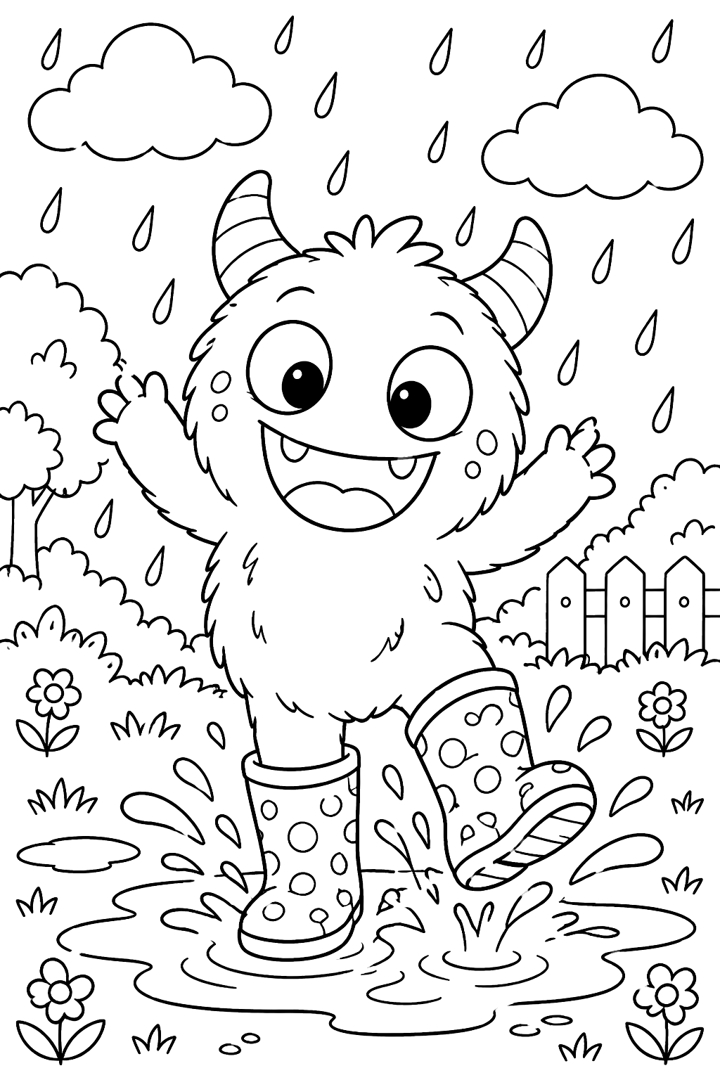 Monster splashing in a puddle in rain boots coloring page