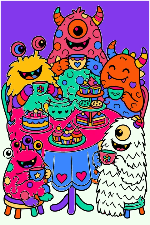 Monster tea party with cups and cakes coloring page