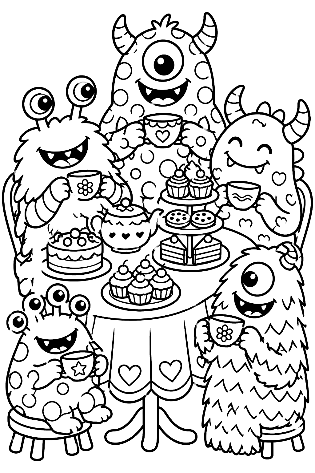 Monster tea party with cups and cakes coloring page