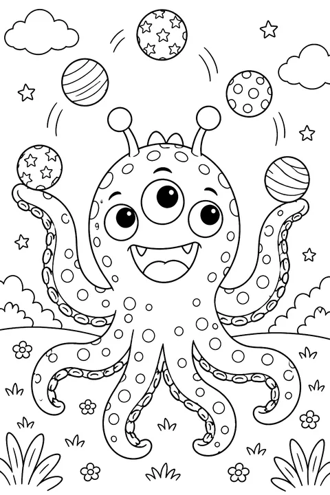 Monster with tentacles juggling balls coloring page