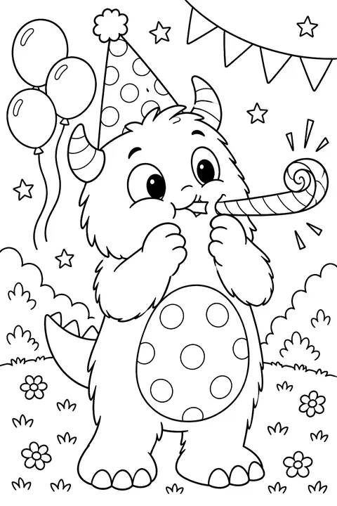 Monster wearing a party hat blowing a horn coloring page