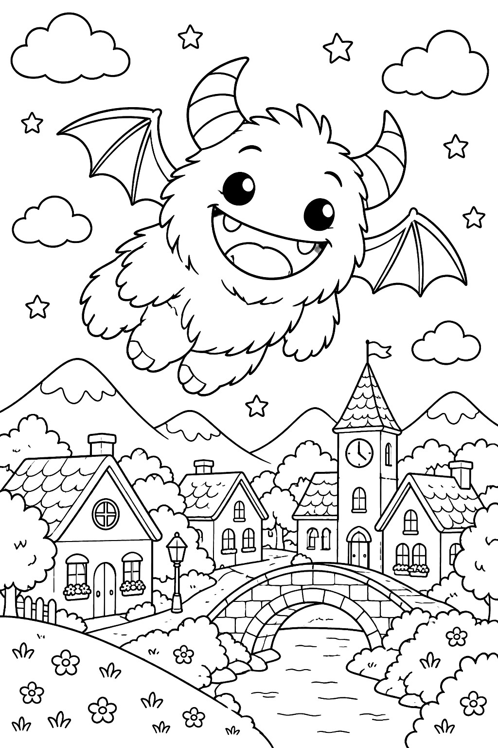 Fluffy horned monster with small bat wings and a big smile flying over a little town coloring page