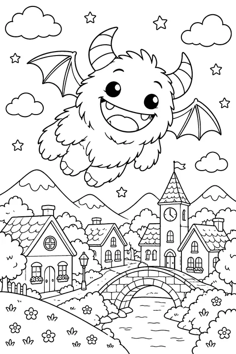 Fluffy horned monster with small bat wings and a big smile flying over a little town coloring page