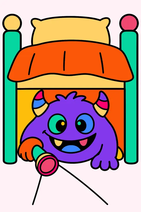 Silly monster under a bed with a flashlight coloring page