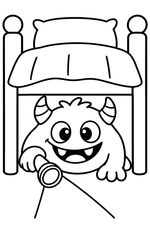 Silly monster under a bed with a flashlight coloring page