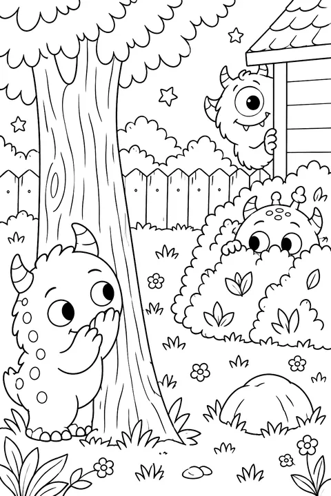 Three little monsters playing hide and seek coloring page