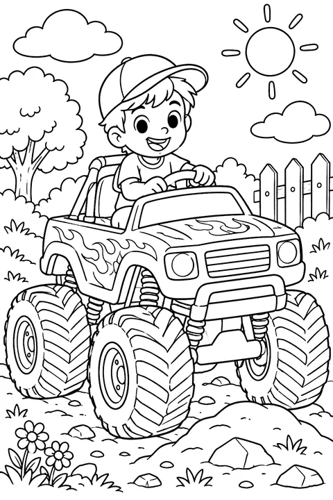 Kid driving a toy monster truck coloring page