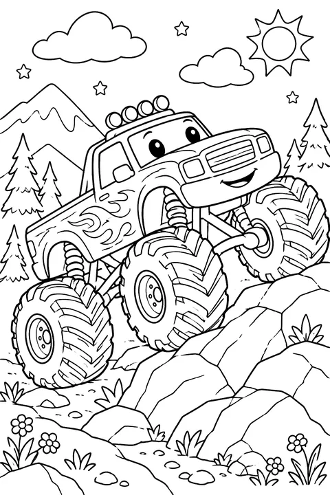 Monster truck climbing a rocky hill coloring page