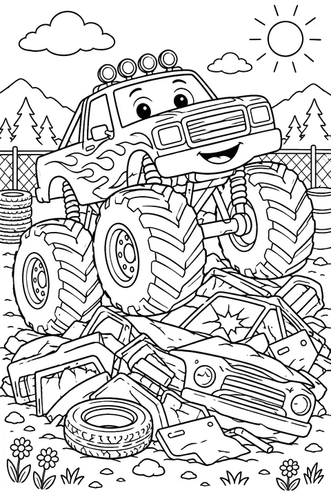 Monster truck crushing a pile of junk coloring page