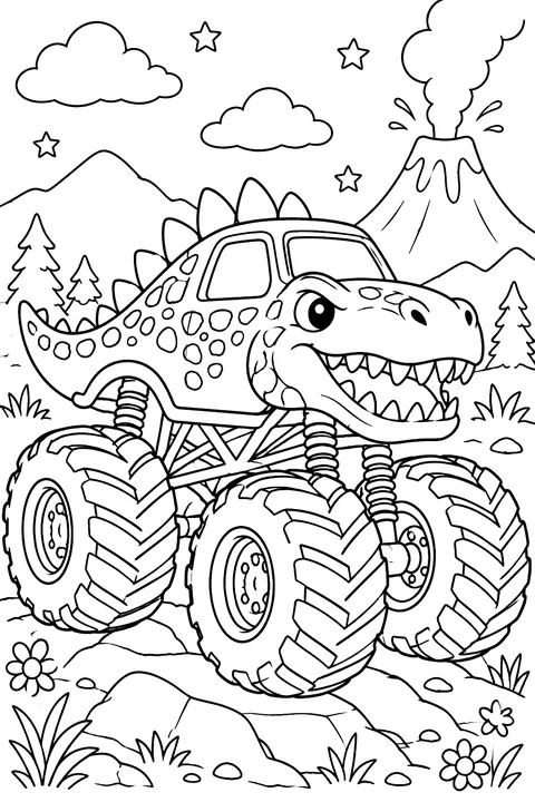 Monster truck with dinosaur design coloring page