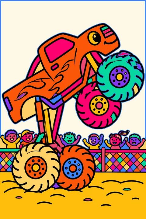 Side view of a monster truck popping a wheelie on a dirt track, exactly four huge tires (two front tires lifted in the air, two rear tires on the ground), cheering crowd behind a fence coloring page