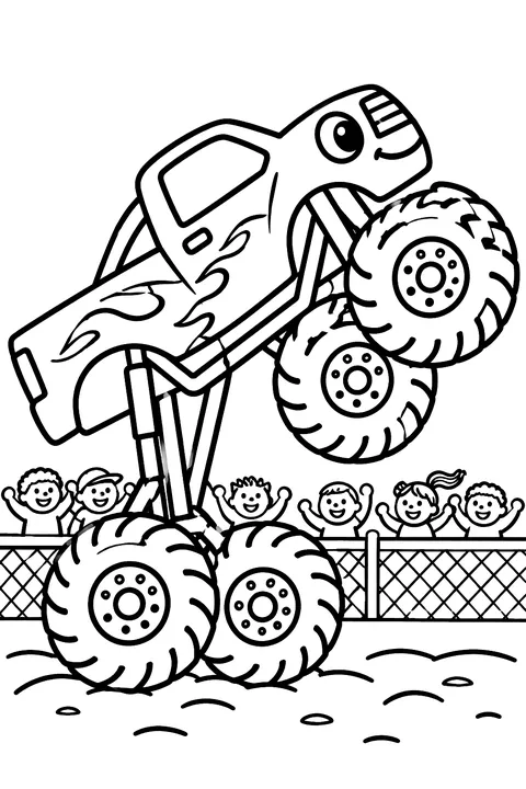 Side view of a monster truck popping a wheelie on a dirt track, exactly four huge tires (two front tires lifted in the air, two rear tires on the ground), cheering crowd behind a fence coloring page