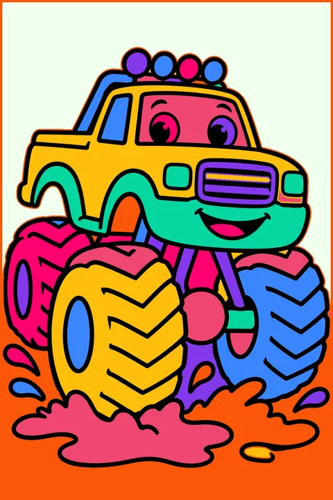 Monster truck with giant tires in mud coloring page