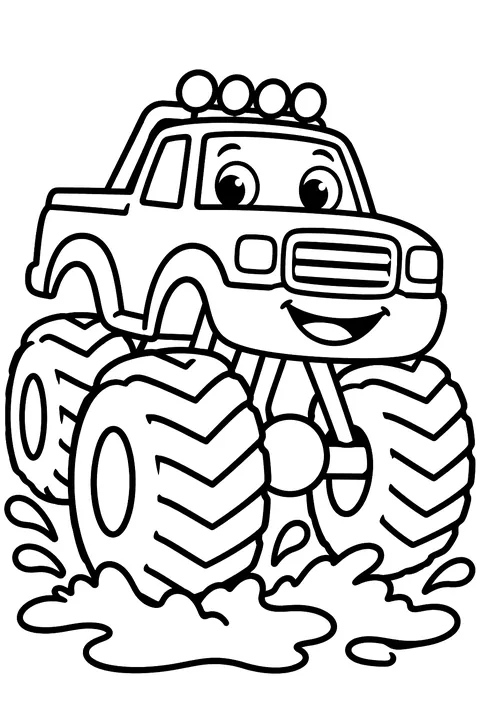 Monster truck with giant tires in mud coloring page