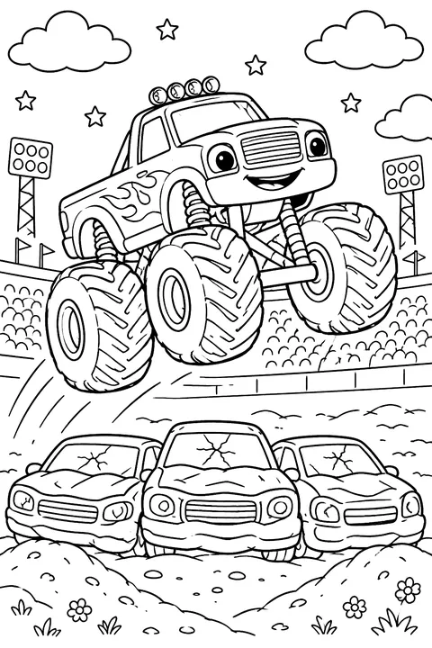 Monster truck jumping over cars coloring page