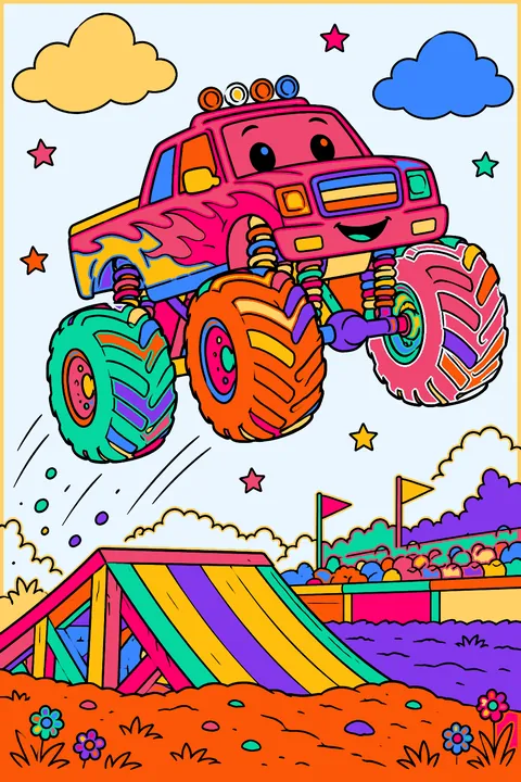 Monster truck jumping a ramp coloring page