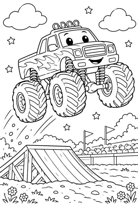 Monster truck jumping a ramp coloring page
