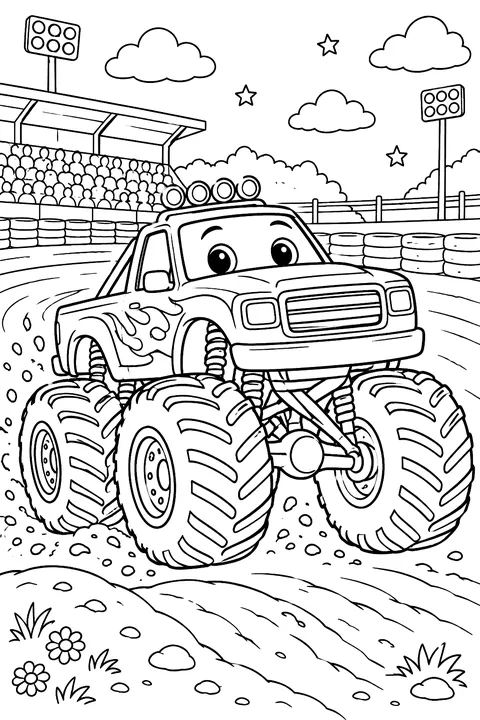 Monster truck racing on a dirt track coloring page