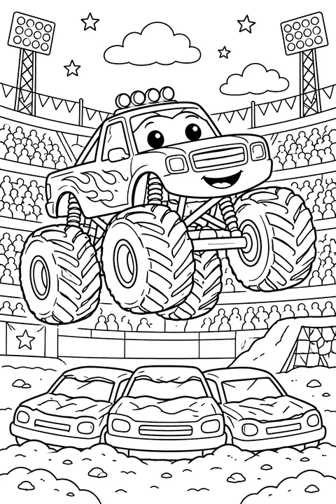Monster truck rally in a stadium coloring page