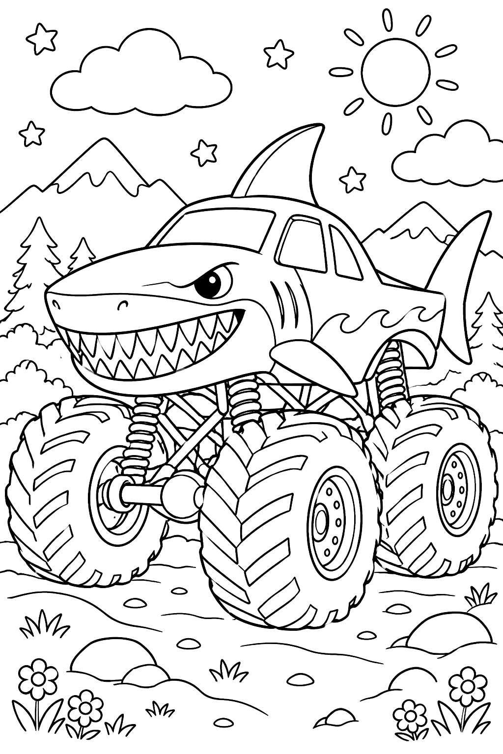 Monster truck with a shark face coloring page