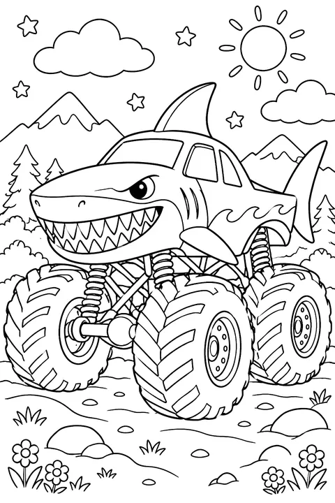 Monster truck with a shark face coloring page