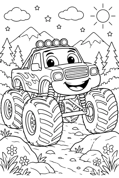 Monster truck with a smiling face coloring page