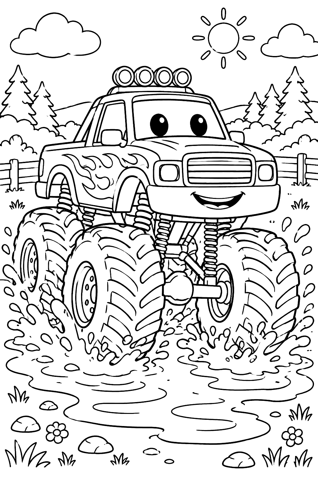 Monster truck splashing through a puddle coloring page