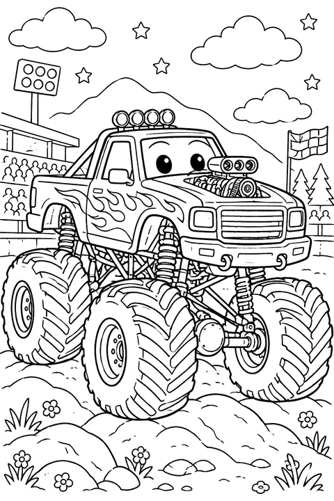 Monster truck with suspension and engine coloring page
