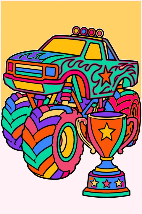 Monster truck with a trophy coloring page