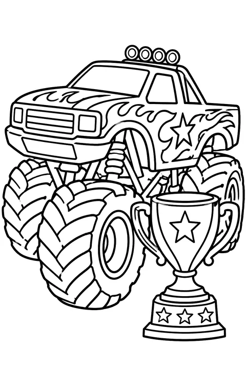 Monster truck with a trophy coloring page