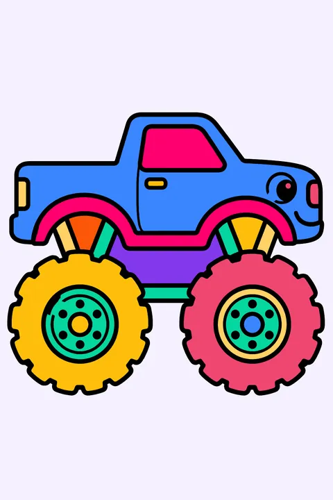 Simple monster truck seen from the side, the whole truck centered with space around it and both big wheels inside the page coloring page