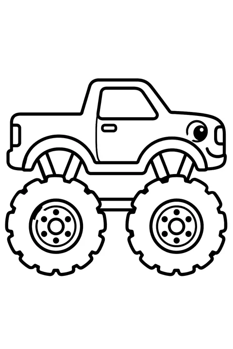Simple monster truck seen from the side, the whole truck centered with space around it and both big wheels inside the page coloring page