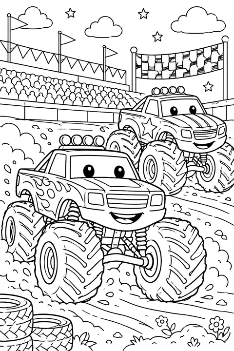 Two monster trucks racing coloring page