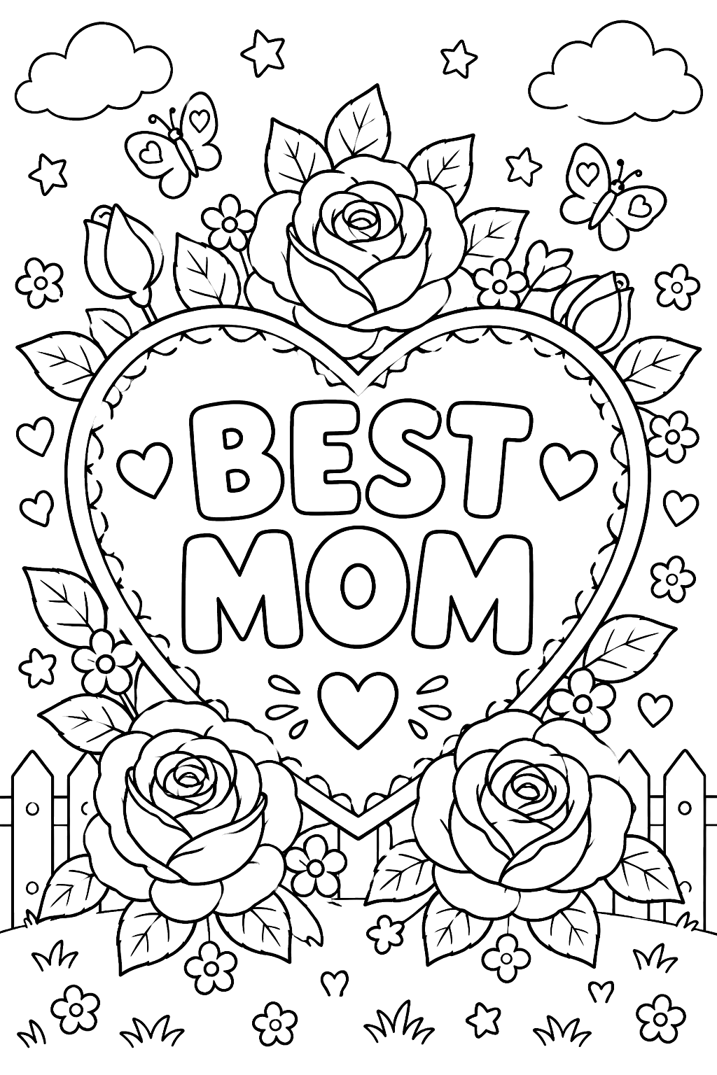 a big heart with the words BEST MOM in outline letters surrounded by roses coloring page