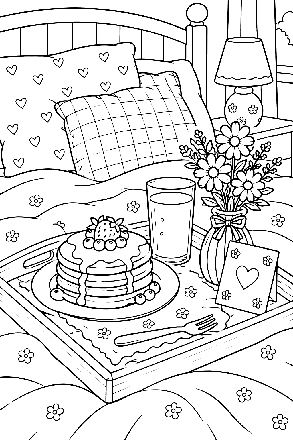 a breakfast tray with pancakes, juice, a flower vase and a card on a bed coloring page