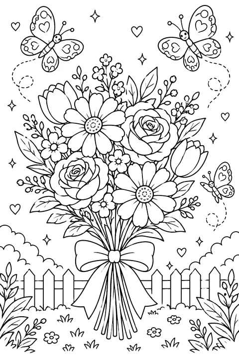 a bouquet of flowers with butterflies fluttering around it coloring page