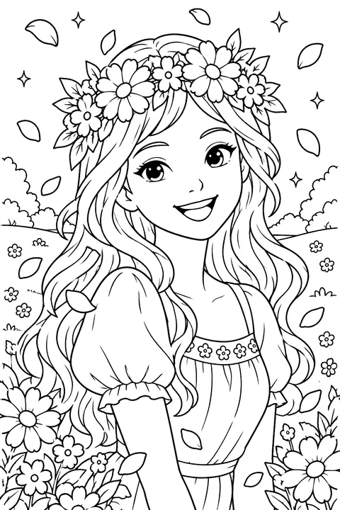 a woman wearing a flower crown and smiling, surrounded by petals coloring page