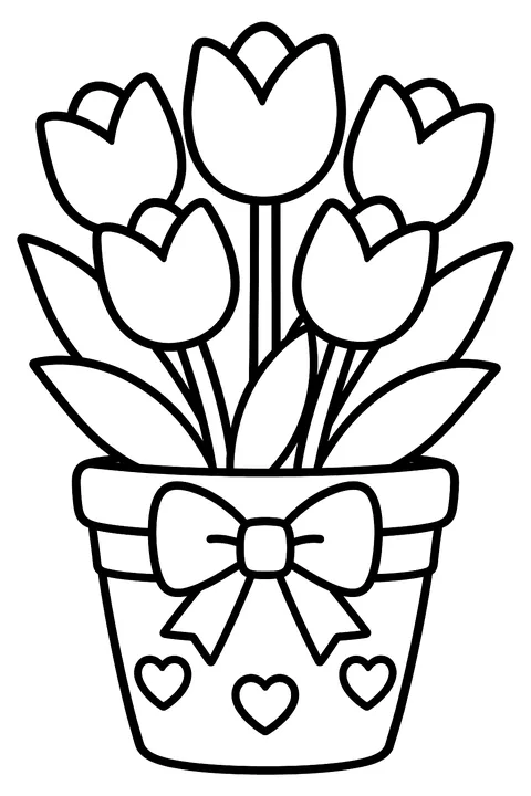 a decorated flower pot full of tulips with a bow coloring page