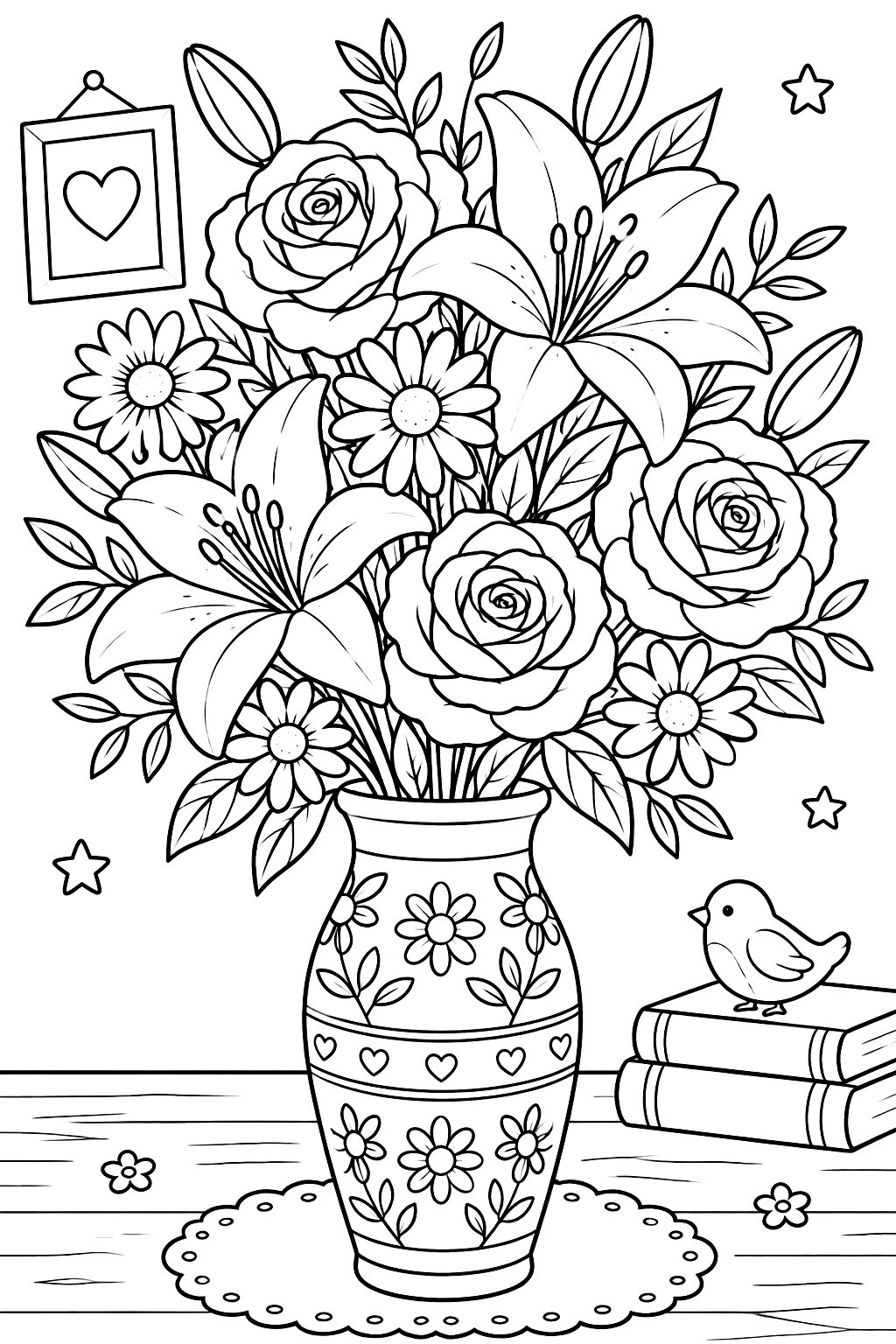a tall vase filled with a mix of roses, lilies and daisies coloring page