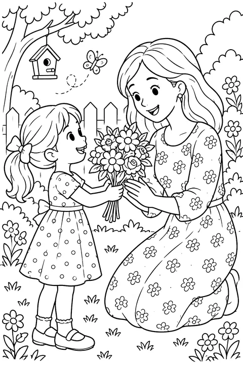 a child giving a bouquet of flowers to their mother in a garden coloring page