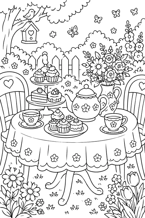 a garden tea party with a teapot, cakes and flowers on a table coloring page