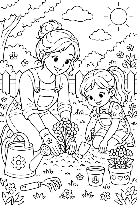 a mother and child planting flowers in a garden with watering can and tools coloring page