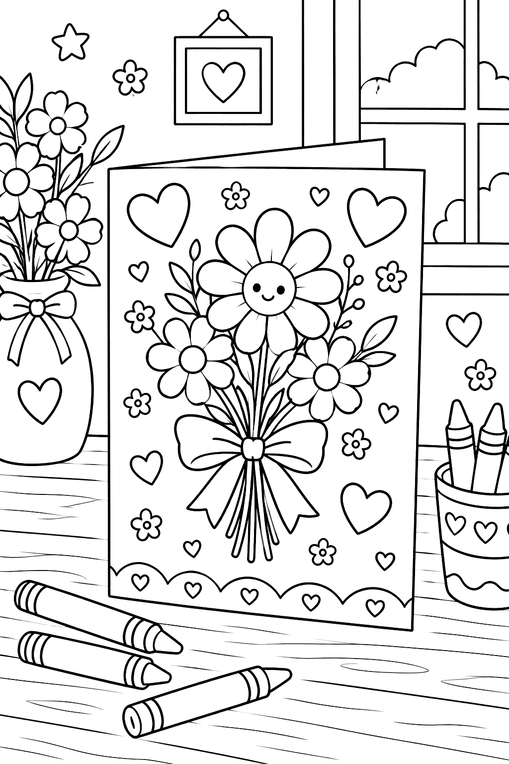 a handmade Mother's Day card with flowers and hearts standing on a table next to crayons coloring page