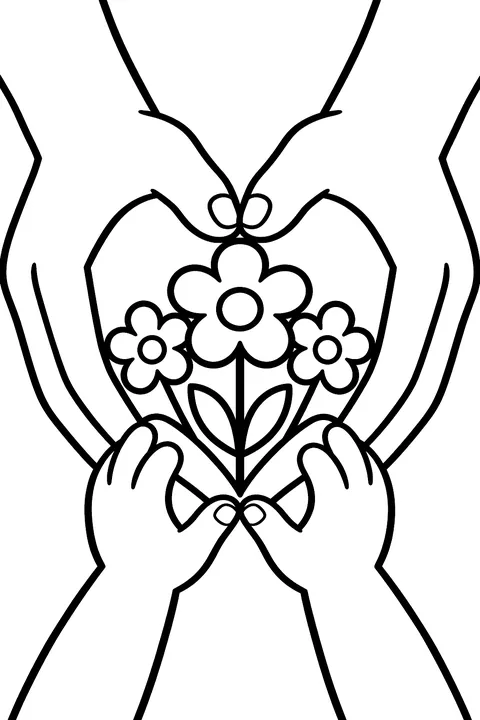 a mother's hands and a child's hands making a heart shape with flowers coloring page
