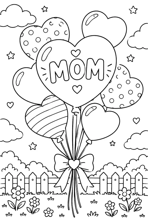 a bunch of heart balloons with the word MOM written across the biggest one coloring page