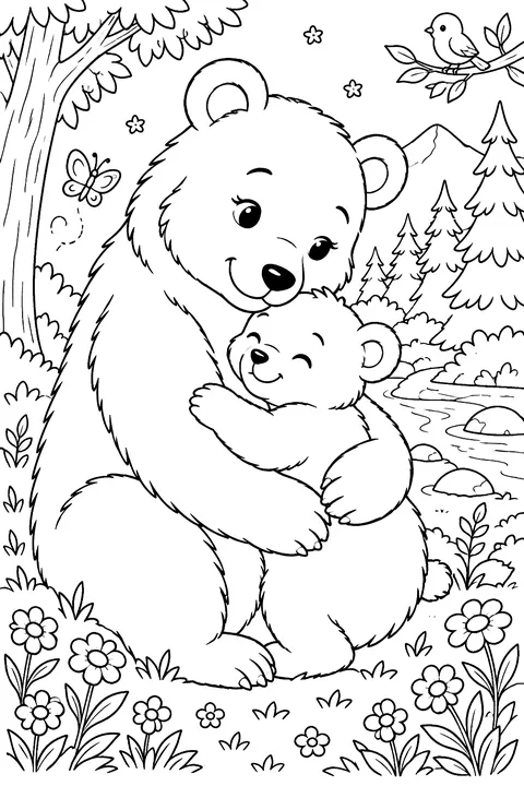 a mother bear hugging her cub in a forest with flowers coloring page