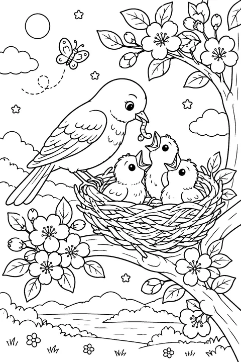 a mother bird feeding baby birds in a nest on a blossoming branch coloring page