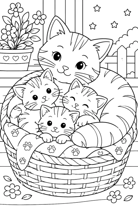 a mother cat curled up with three kittens in a basket coloring page