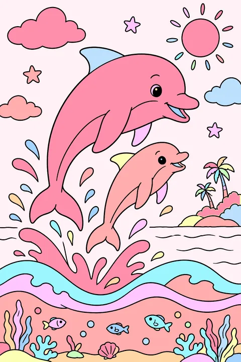 a mother dolphin and baby dolphin jumping over waves coloring page
