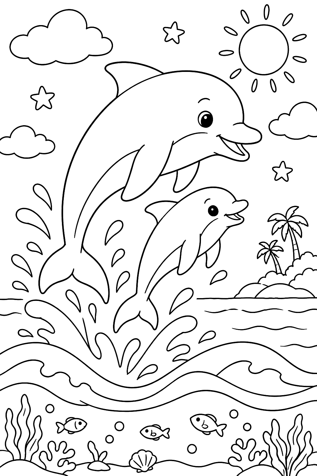 a mother dolphin and baby dolphin jumping over waves coloring page